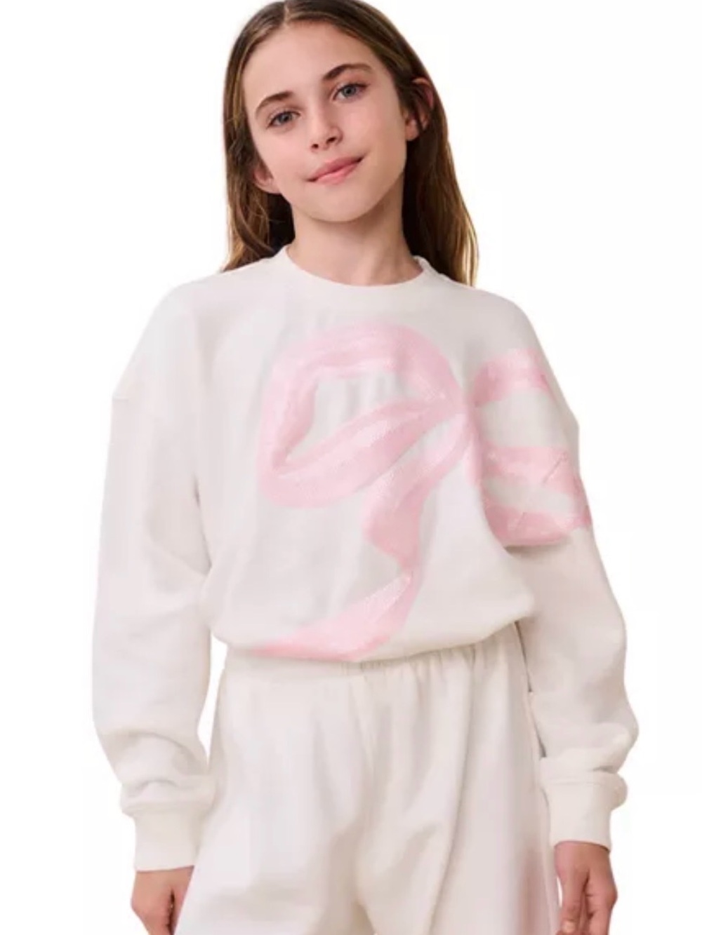 LoveShackFancy Serafina Sequin Bow Sweatshirt Arctic Blush Tween L (9/10) NWT